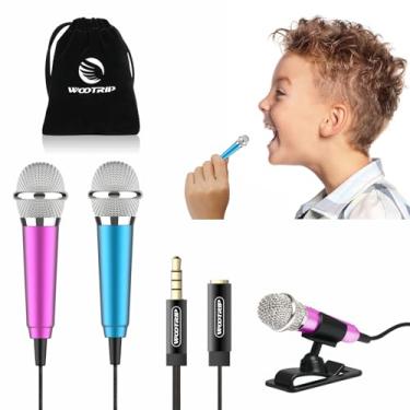 Imagem de Wootrip [2 peças] Mini microfone, mini microfone vocal e de gravação de karaokê portátil para iPhone, iPad, laptop, Android-Tiny Microfone ideal para crianças (azul e vermelho rosa)