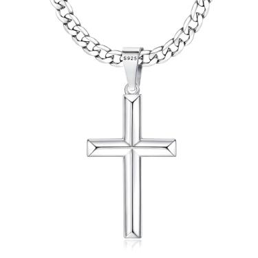 Imagem de MILACOLATO Colar masculino com cruz de prata esterlina 925 – Pingente de cruz de borda chanfrada com corrente cubana de aço inoxidável 316L de 5 mm, crucifixo, joia de prata para homens e mulheres