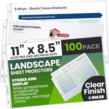 Imagem de Performore 100 protetores de folhas, protetores de folhas transparentes para paisagem, 21 x 28 cm para fichário de 3 anéis, mangas de plástico para folhas, carregamento superior com 3 furos,