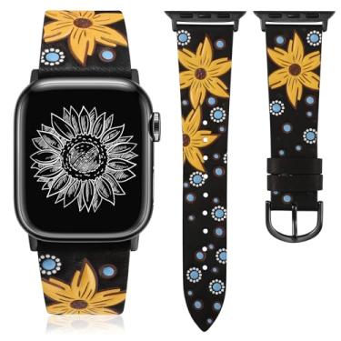 Imagem de Minyee Pulseira feminina de couro compatível com Apple Watch séries 10/9/8/7/6/49 mm, elegante pulseira de couro em relevo com estampa de girassol para Apple Watch séries 10/9/8/7/6/5/4/3/2/1/SE/Ultra