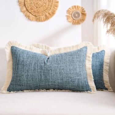 Imagem de DAPTSY Farmhouse Capas de almofada lombar 30,5 x 50,8 cm, capa de almofada decorativa azul com franjas de linho, para sofá, sofá, pátio, cama, sala de estar, conjunto de 2