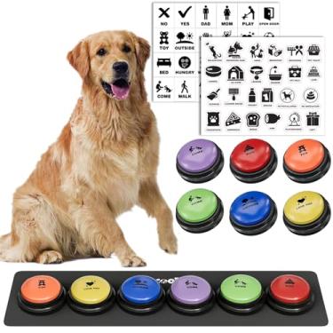 Imagem de Botões de conversa para cães, 6 unidades, com tapete antiderrapante, comandos de voz graváveis até 30 segundos para treinar animais de estimação, 48 adesivos de situações para treinamento fácil