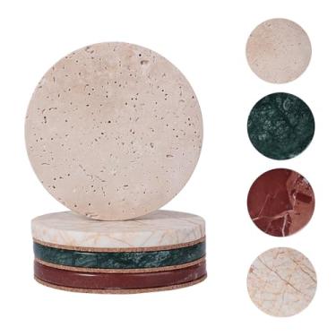 Imagem de JIMEI Conjunto de porta-copos de mármore travertino natural de 10 a 10 cm, redondo, feito à mão, suporte de cortiça absorvente e antiderrapante