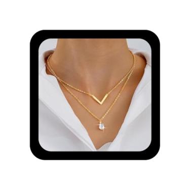 Imagem de Ximdble Colar vintage em forma de V em camadas com strass gota d'água colar gargantilha strass zircônia gota letra V, corrente em camadas para mulheres