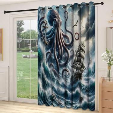 Imagem de Divisória de parede de cortina de divisão náutica, fantasia Sea World Adventure Kraken Octopus Monster Storm Waves and Sailors Ship, para quarto, jardim de infância, sala de estar, L 226 x C 213 cm