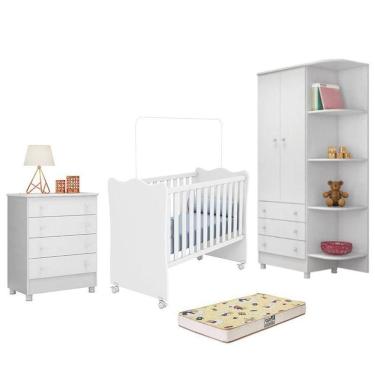 Imagem de Dormitório Doce Sonho 2 Portas, Cômoda 4 Gavetas E Berço Branco Com Rodízio E Colchão D18 - Qmovi Branco