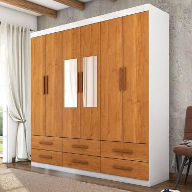 Imagem de Guarda-Roupa Solteiro Denver 6 Portas 6 Gavetas com Espelho Branco/Cinamomo - Carioca Móveis