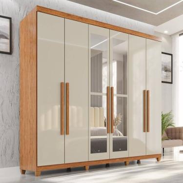 Imagem de Guarda-roupa Casal com Espelho 6 Portas 2 Gavetas com Pés 100% Mdf Nápoles Yescasa Cinamomo / Off White