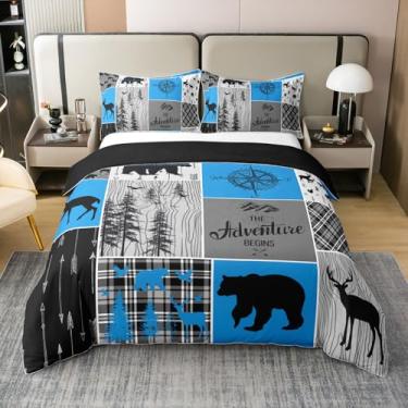 Imagem de Erosebridal Jogo de cama queen size com estampa de veado caçador, 100% algodão, retrô, rústico, casa de fazenda, tema urso, aventura, capa de edredom com tema de vaqueiro ocidental, vida selvagem, 3