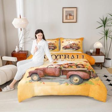 Imagem de Manfei Jogo de cama queen com desenho animado de futebol americano, caminhão, abóboras, 3 peças, tema de colheita de outono, para todas as estações, decoração de quarto de crianças, meninos e meninas