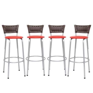 Imagem de Kit 4 Banquetas Alta Junco Argila Estrutura Prata 70cm Para Balcão Ilha Bancada Cozinha Bar Bistrô Americano - Itagold (Assento Vermelho)