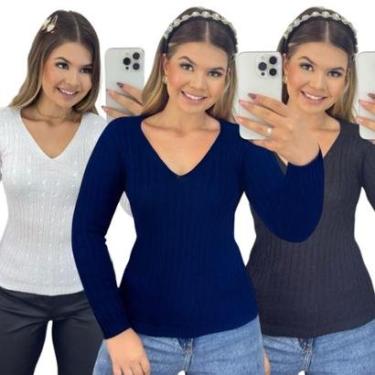 Imagem de Kit 3 Blusas FMF Femininas Suéter Malha Tricô Manga Longa-Feminino
