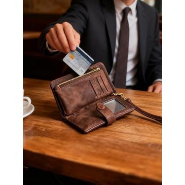 Imagem de Carteira feminina com zíper marrom - Carteira pequena com bloqueio de RFID com compartimento para identidade, serve para cartões de crédito, moedas e cartões de trânsito (13 x 9 x 3,5 cm)