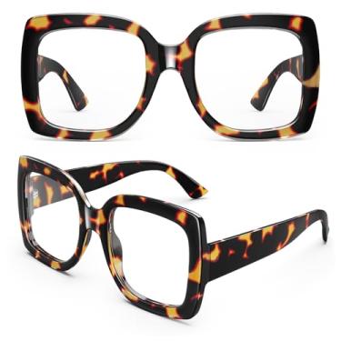 Imagem de GQUEEN Óculos postiços grandes femininos masculinos retrô grosso armação quadrada grande lente transparente proteção UV400 óculos modernos, Tartaruga, G