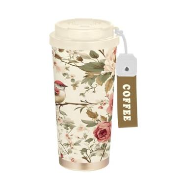 Imagem de SEHANY Caneca de viagem de pássaro colorida de 482 g Copos de café reutilizáveis revestidos de cerâmica com tampa à prova de vazamento, parede dupla, copo de café de aço inoxidável isolado a vácuo