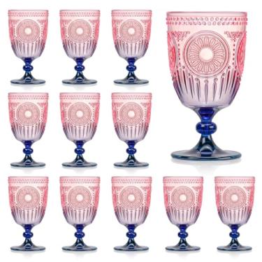 Imagem de XUWAIDSGN 12 peças de copos de vinho vintage de plástico 382 g copos de cálice em relevo rosa azul gradiente retrô copos de vinho com haste inquebrável champanhe copos de água para coquetel de vinho