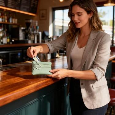 Imagem de Carteira feminina de couro genuíno pequena com bloqueio de RFID com chaveiro e bolso para moedas (verde)
