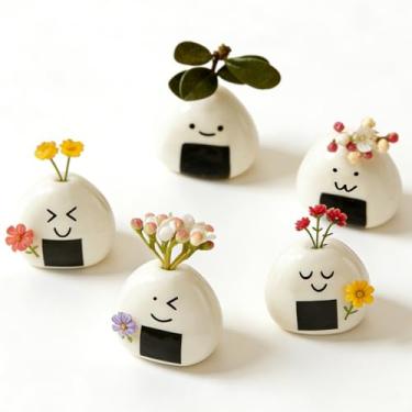 Imagem de Mini vaso de flores de cerâmica, vasos de bola de arroz onigiri japoneses feitos à mão para flores secas, lindos vasos de botão emoji para decoração de mesa de quarto, decoração exclusiva de