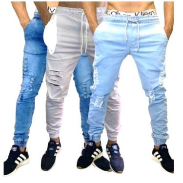 Imagem de kit 3 calça jeans jogger com elastano jeans calças masculinas rasgadas