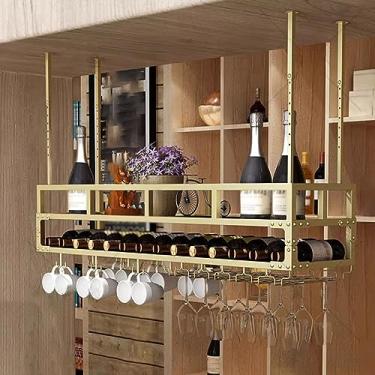 Imagem de Rack de teto para copos de vinho, rack de vinho suspenso com suporte de vidro e prateleira, suporte de garrafa de vinho suspenso industrial de 2 camadas, prateleira de teto de metal, para bar, café