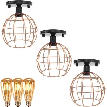 Imagem de 3 Lustre Teto Plafon + 3 Lâmpada Led St64 Industrial Aramado Globo Retrô Luminária Vintage