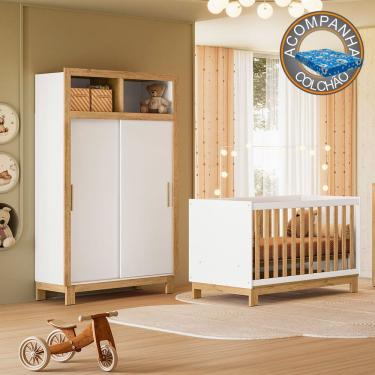Imagem de Quarto de Bebê com Berço Slim 4315 e Roupeiro 5085 Flora Branco Freijó Qmovi + Colchão Ortobom
