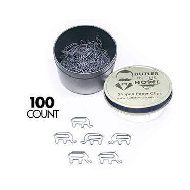 Imagem de Butler in the Home Animal Elephant clipes de papel em forma de elefante 50 unidades em lata prata e caixa de presente ótima para colecionadores de clipe de papel ou amantes de animais do zoológico, 100 Count Gray