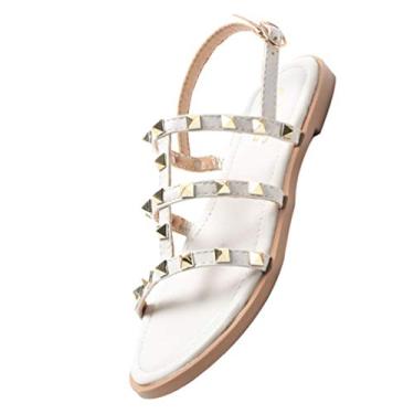 Imagem de Holibanna Sandálias cravejadas femininas estilo gladiador romano verão praia sapatos branco bege - Tamanho 36, Branco, bege, 8