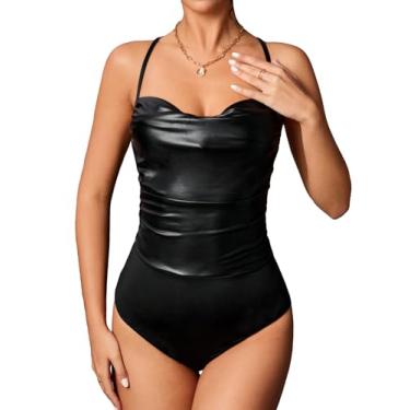 Imagem de MakeMeChic Body feminino plus size de couro PU sem mangas gola drapeada cruzada franzido collant tops, Preto liso, Tall-XL