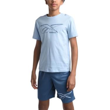 Imagem de Reebok Conjunto de shorts para meninos – Camiseta de desempenho de 2 peças e shorts de academia de basquete (8-12), Azul claro, 12