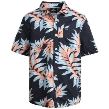 Imagem de Volcom Camisa de botão para meninos - Camisa havaiana casual de algodão de manga curta - Camisa infantil com colarinho para meninos (8-16), Azul marino, 10-12