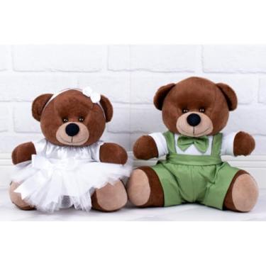 Imagem de PELUCIA URSO CASAL TEDDE 15 CM PAJEM VERDE, DAMINHA BRANCA PARA DECORAÇÃO (Pajem Verde, Daminha Branca, padrão - Pelúcia Marrom)