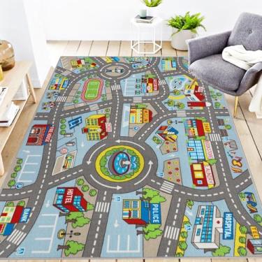 Imagem de Tapete infantil 1,80 m x 1,50 m tapete de área de vida urbana carro mapa da cidade lavável trânsito estrada educacional tapete de berçário para crianças sala de jogos, sala de estar, quarto, sala de