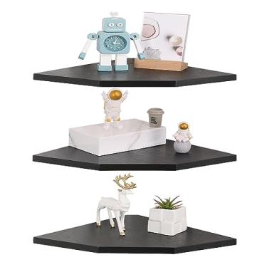 Imagem de DUICIRX Prateleiras de parede de canto, prateleiras flutuantes de canto de madeira com pista de cabo, exibição de armazenamento de montagem na parede para acessórios de TV, monitor, alto-falante, caixa de cabo, console de jogos (preto, diamante - 30,5 cm)