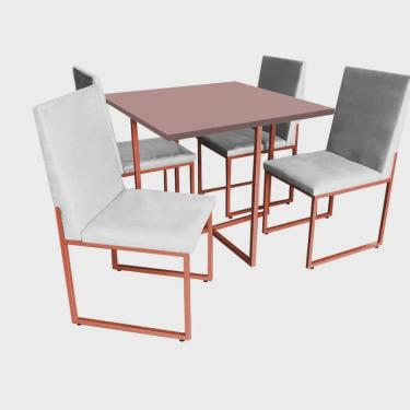 Imagem de Kit Mesa de Jantar Thales com 4 Cadeiras Sttan Ferro Bronze Tampo Rose Rosa Corino Branco - Ahz Móveis