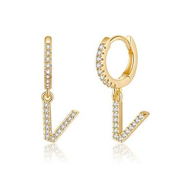 Imagem de Brincos iniciais para meninas e mulheres, prata esterlina 925, hipoalergênicos, pequenos, brincos de argola de zircônia cúbica banhados a ouro, joias presentes para meninas, crianças e mulheres,