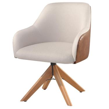 Imagem de Poltrona Decorativa Hera Linho Nude Couro Caramelo Com Base Giratória Em Madeira