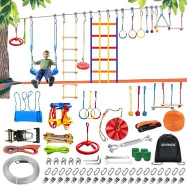Imagem de WISUAEST 2 x 55FT Ninja Warrior Obstacle Course for Kids Backyard Outdoor, 500 Lbs Stainless Steel Rope, Ninja Bottom Slackline , Monkey Bars, Climbing Net, Swing (55FT 14Pcs Ratchet Bottom Rope)