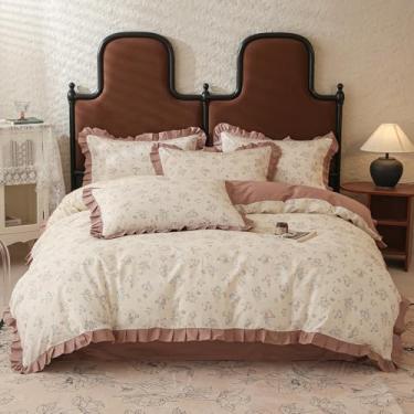 Imagem de MOTNTD Capa de edredom floral, tamanho Queen, com babados, boho, coquete, algodão, leve, com núcleo de casa de campo, conjunto de capa de edredom com 2 fronhas, conjunto de cama de fazenda,