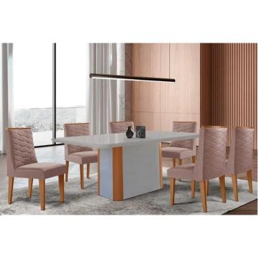 Imagem de Conjunto Sala de Jantar Pietá c/ Tampo Madeirado c/ Vidro Canto Curvo 180x90cm e 6 Cadeiras Dafne Madeira Maciça Naturale/Off White - Capuccino/Linho 