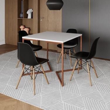 Imagem de Mesa Industrial Jantar Quadrada Branca 90X90Cm Base Cobre V Com 4 Cade