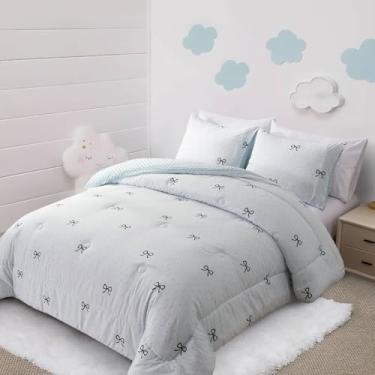Imagem de Holawakaka Conjunto de edredom solteiro para meninas, bolinhas azuis com nó de laço preto, roupa de cama reversível de microfibra de pelúcia fofa para crianças, quente para todas as estações, 3 peças