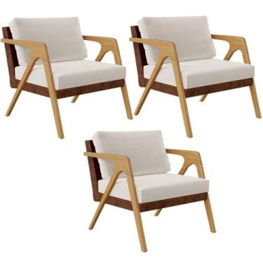 Imagem de Kit 03 Poltronas Pietra L02 material sintético Marrom Linho Cru - LYAM