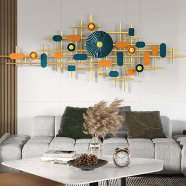 Imagem de YTHLZVBP Decoração de parede de metal grande arte de parede geométrica abstrata decoração de parede para sala de estar, linhas coloridas irregulares 3D círculo retangular esculturas modernas para