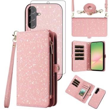 Imagem de Asuwish Capa de telefone para Samsung Galaxy A56 5G carteira com zíper magnética destacável com protetor de tela de vidro temperado e suporte de cartão com glitter, acessórios de celular A 56 56A LTE