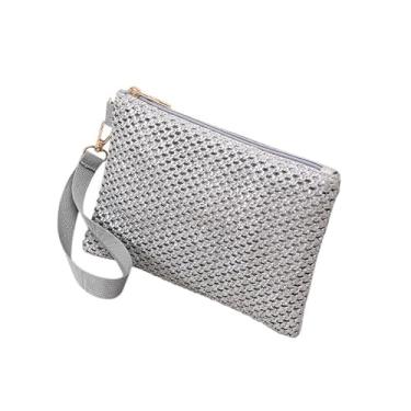 Imagem de Bolsa clutch de palha para mulheres, bolsa de mão de palha boêmia pequena bolsa de praia de verão carteira de pulso com zíper bolsa pequena carteira, Prata