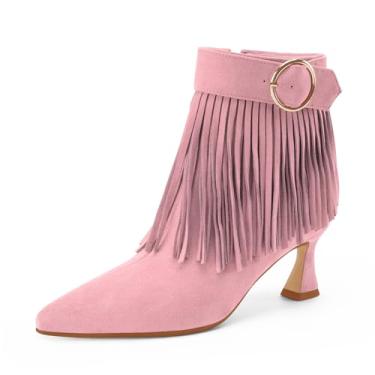 Imagem de Perisis Botas femininas com franjas, salto gatinho, preto, bico fino, camurça, cano curto, com zíper lateral, Rosa claro, 38