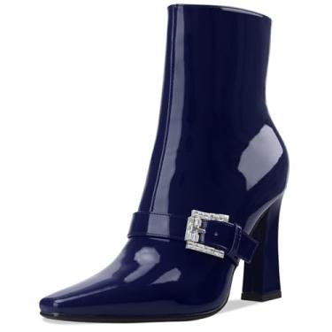 Imagem de Perisis Botas de cano curto, salto alto, grosso, preto, bico quadrado, fechado, curto, com zíper lateral, salto de 10 cm, padrão de crocodilo para mulheres e mulheres sexy, Patente azul marinho, 35