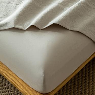 Imagem de MooMee Lençol de baixo com elástico 100% algodão lavado, como textura, respirável, durável, macio, confortável, bolso profundo para colchões de até 43 cm (cinza creme, King) Novo