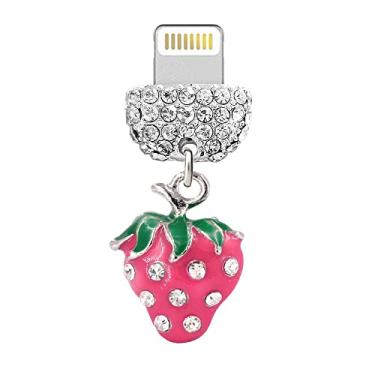 Imagem de ELISE & FONDA CP446 Porta de carregamento USB cristal antipoeira pingente de telefone morango pequeno para iPhone 13/12/11/XS MAX/XR/X/8 Plus/7/6S/8/SE iPad iPod (rosa), 1.7 cm (L) x 0.8 cm (D) x 1.9